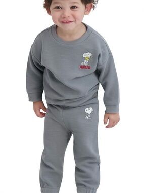 Peanuts Kids Matching Set Gray Sweatshirt and Pants with Snoopy Embroidery